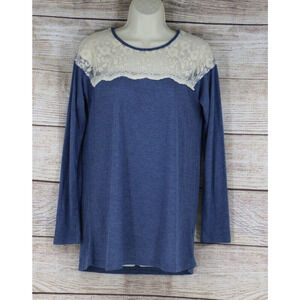 Umgee Womens Size Small Ribbed Crew Neck Long Sleeve Top Shirt Blue Embroidery